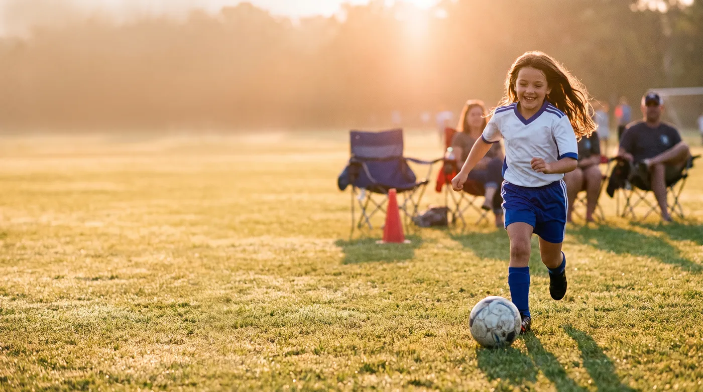 A young player chasing the ball across a sunlit field at golden hour while parents watch from folding chairs on the sideline.
