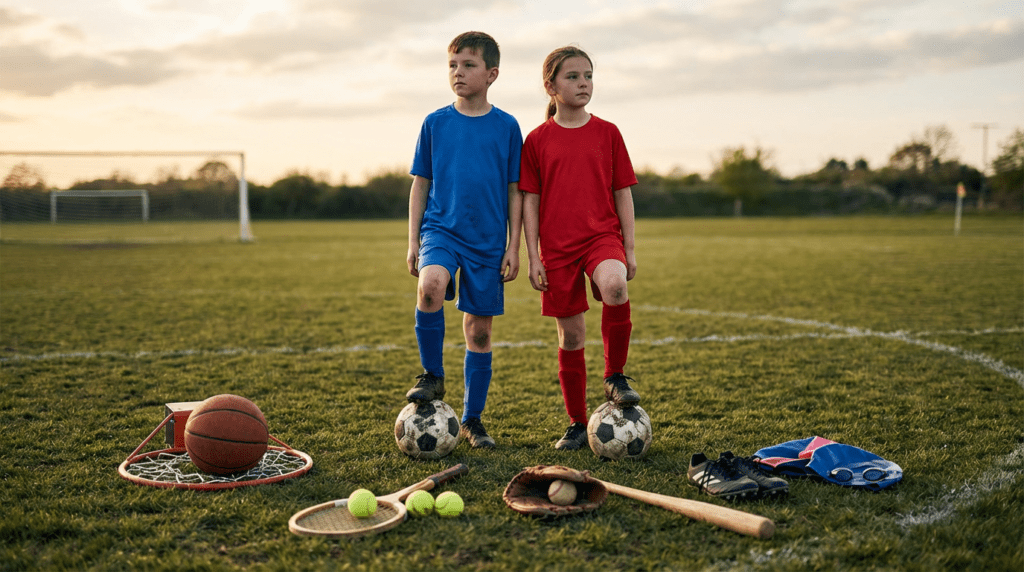 Pros and cons of single sport specialization in youth soccer, showing young players choosing between soccer and multiple sports.
