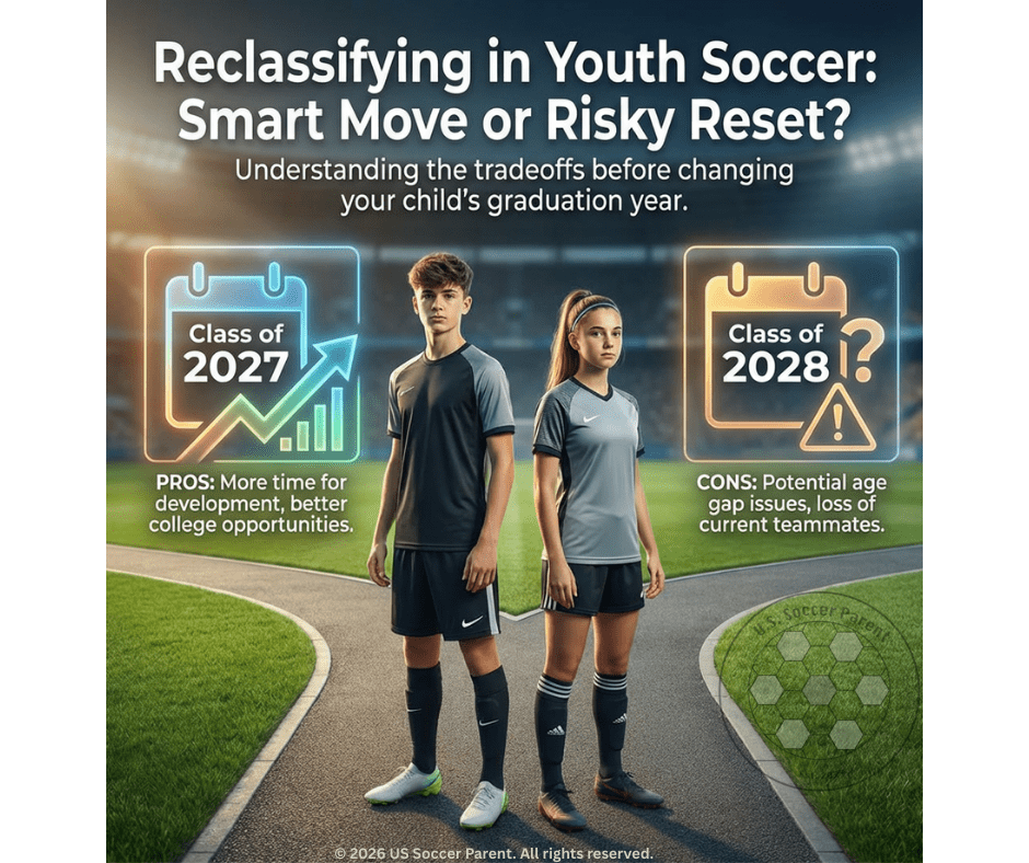 Two youth soccer players on a stadium track between graphics for Class of 2027 and Class of 2028 highlighting pros and cons of reclassifying graduation year.