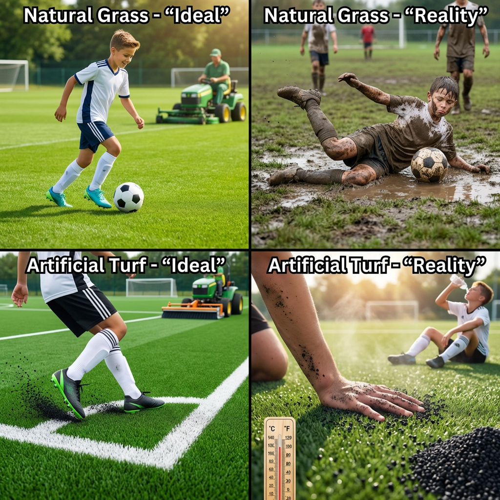 Youth soccer meme comparing ideal and reality of natural grass and artificial turf fields, showing a well-kept pitch versus muddy grass and hot crumb-rubber turf with kids playing.
