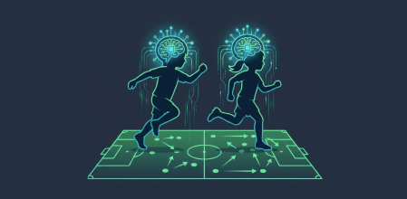 Illustration of two youth soccer players running on a tactics board with glowing digital brains, symbolizing Soccer IQ and game intelligence training.