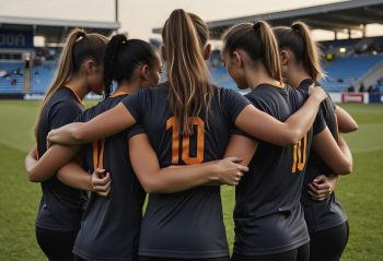 High school soccer team in a pre-kick-off huddle.